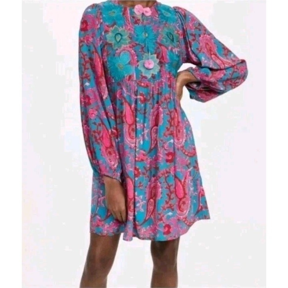 Figue Embroidered Paisley Floral Lucie Mini Dress Women's XS Teal & Pink‎